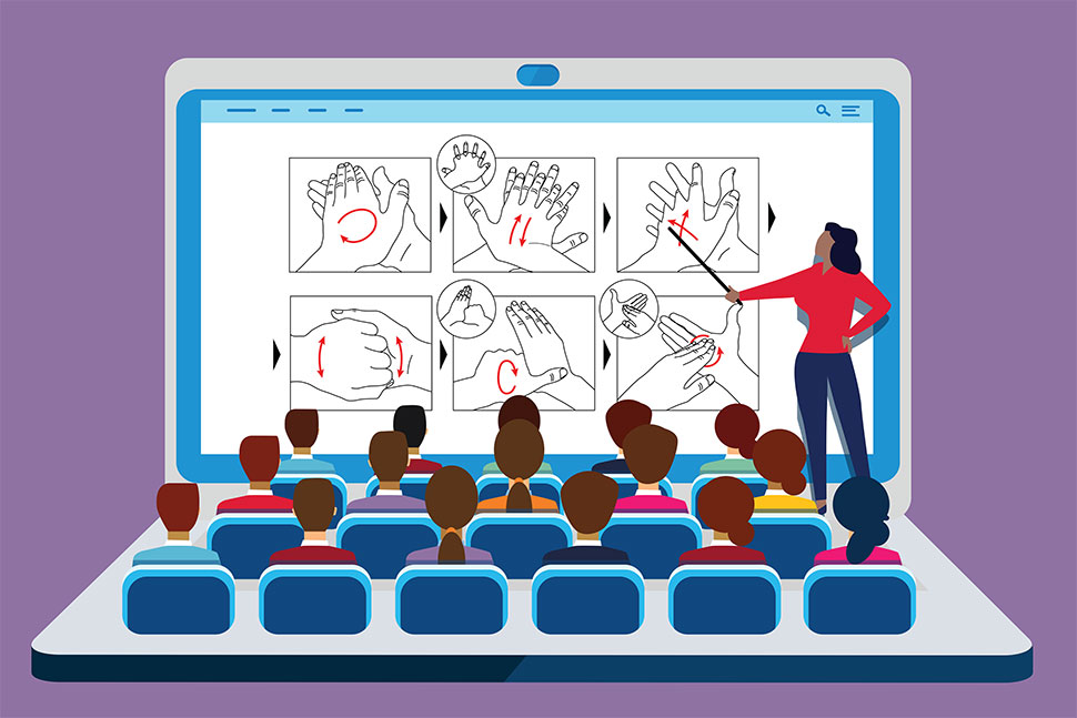 Illustration: Open laptop that looks like theater with people sitting in rows of seats and instructor pointing at image on screen (©wei/Adobe Stock)