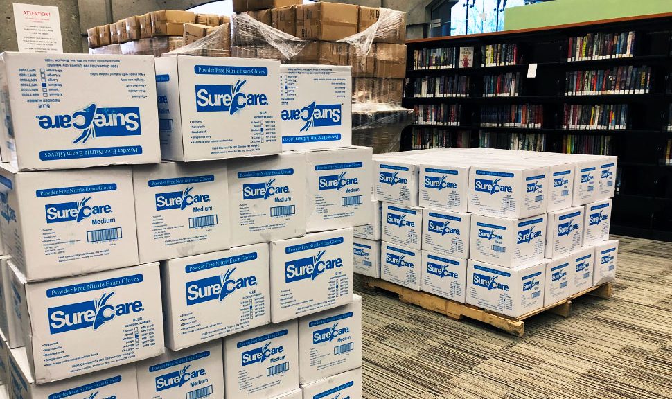 Boxes of medical supplies await use at Schenectady County (N.Y.) Public Library, which is serving as a COVID-19 vaccination site. (Photo courtesy Karen Bradley)