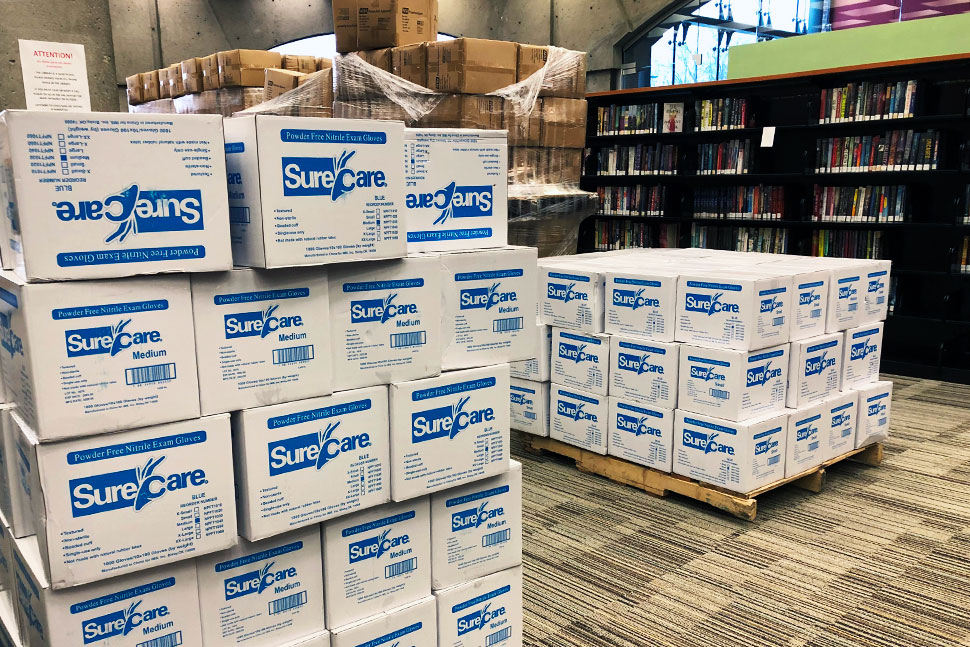 Boxes of medical supplies await use at Schenectady County (N.Y.) Public Library, which is serving as a COVID-19 vaccination site. (Photo courtesy Karen Bradley)