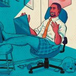 Illustration: Man does virtual interview at home with laptop, wearing shirt and tie with pajama bottoms and slippers (Illustration: Shane Tolentino)