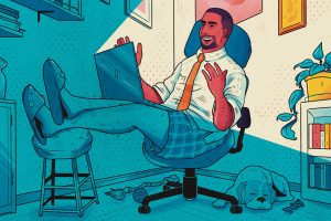 Illustration: Man does virtual interview at home with laptop, wearing shirt and tie with pajama bottoms and slippers (Illustration: Shane Tolentino)