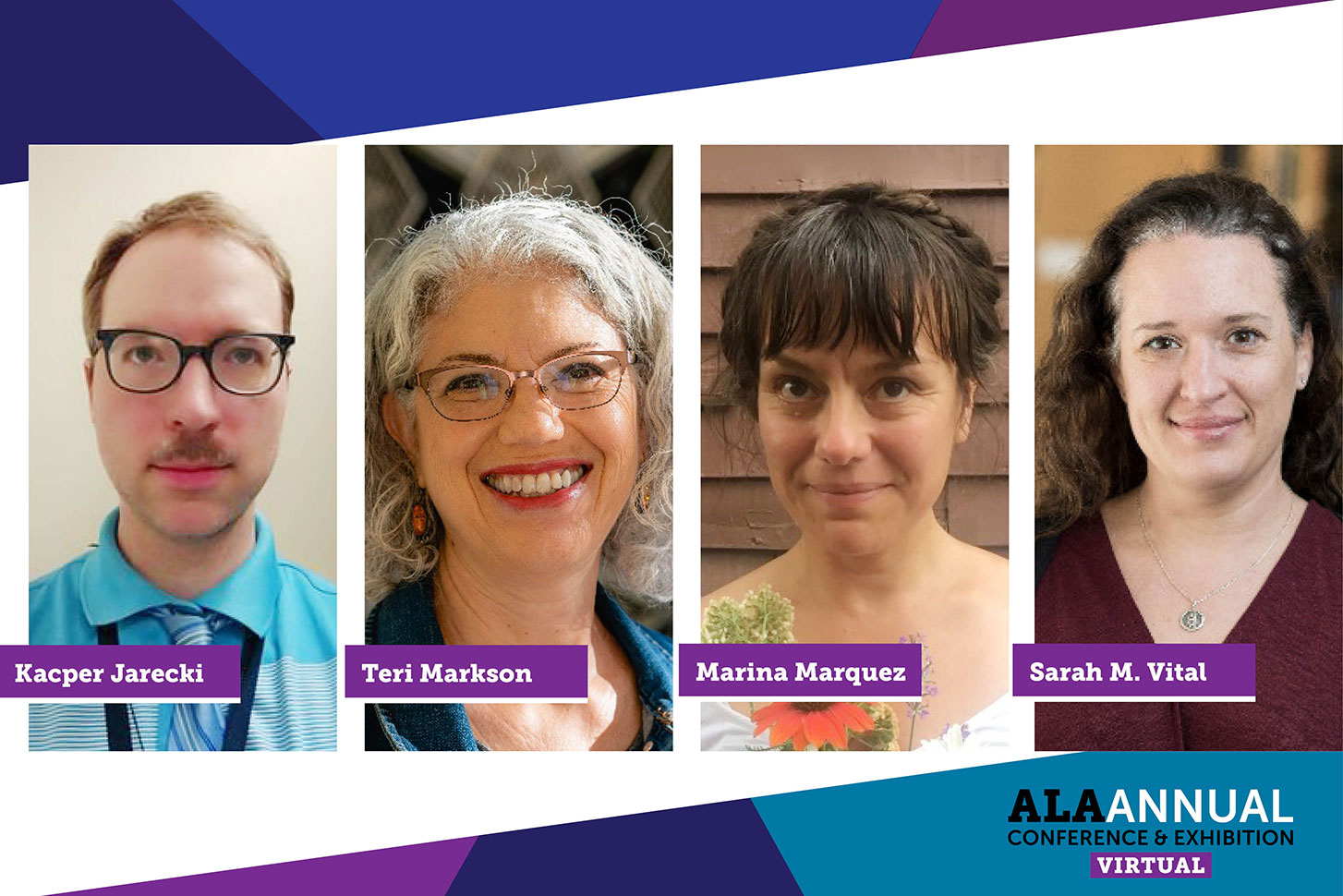 Headshots of four speakers from the “Sustainable Choices in Library Prizes and Promotional Materials” panel at ALA 2021 Annual Conference