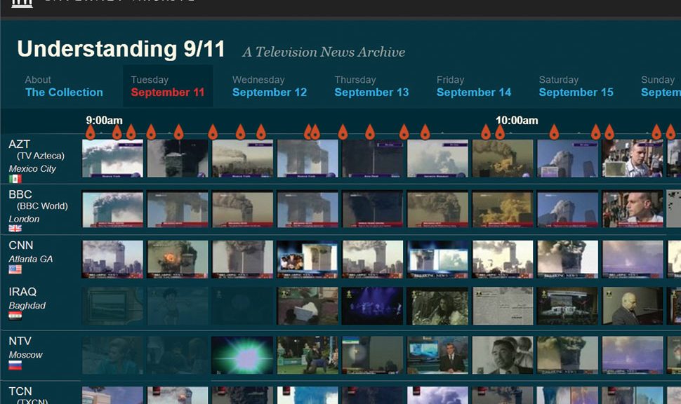 The Internet Archive’s Understanding 9/11 video archive features footage from 20 news outlets spanning the period from the morning of September 11 to September 17, 2001.