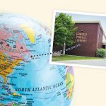 Globe with arrow pointing to Newfoundland, inset photo of Gander Public Library exterior (Photo: ©cnky photography/Adobe Stock (globe); Gander (Newfoundland) Public and Resources Library (exterior))