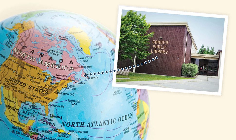 Globe with arrow pointing to Newfoundland, inset photo of Gander Public Library exterior (Photo: ©cnky photography/Adobe Stock (globe); Gander (Newfoundland) Public and Resources Library (exterior))
