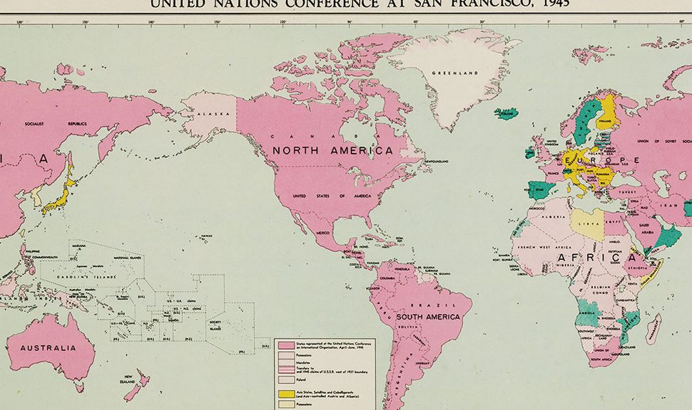 Map indicating the 50 countries that participated in the UN Conference on International Organization at San Francisco in 1945.
