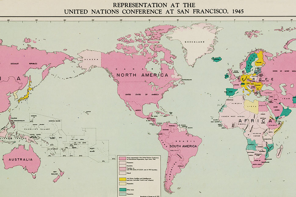 Map indicating the 50 countries that participated in the UN Conference on International Organization at San Francisco in 1945.