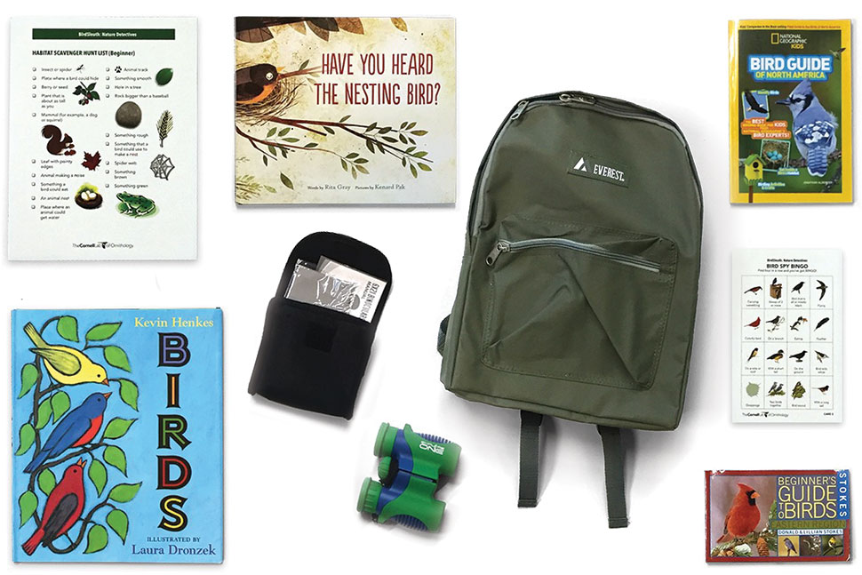 Photo of a children's birdwatching backpack, available for checkout from Henrico County (Va.) Public Library, which contains binoculars and bird guides.