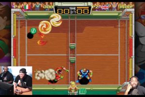 Tristan Wheeler (right), audio-visual and event planning specialist at Cleveland Public Library, plays Windjammers with streamers from sfxxPLAY on Twitch.