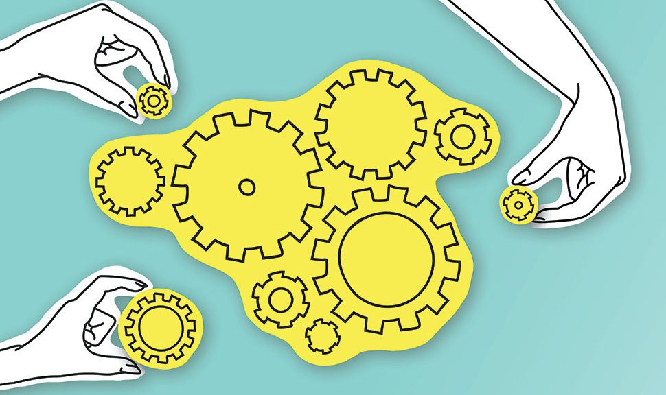 Illustration: Hands add to collection of yellow gears on teal background (Illustration: Prostock Studio/Adobe Stock)