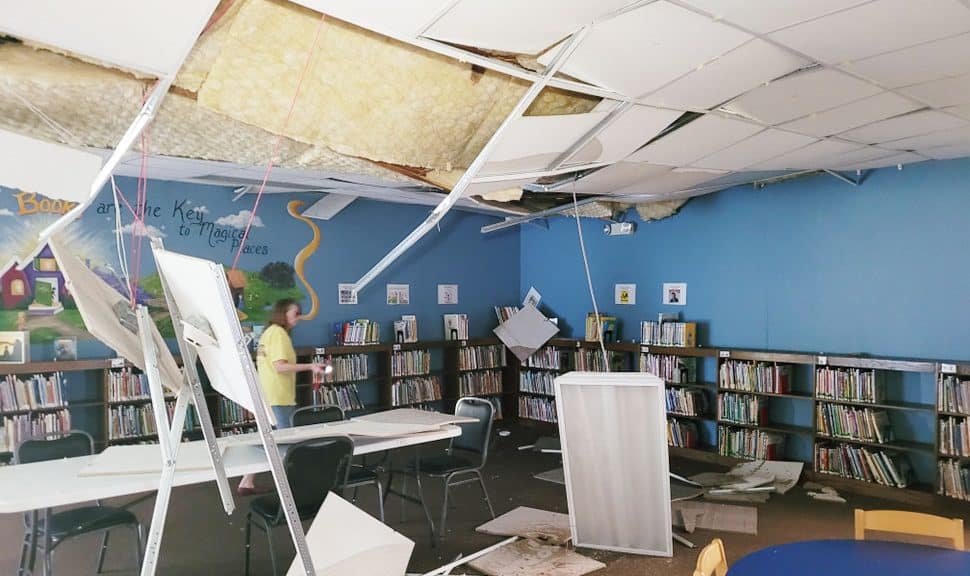 Post–Hurricane Ida ceiling damage in the Ponchatoula branch of Louisiana’s Tangipahoa Parish Library (Photo: Courtesy of Tangipahoa Parish Library staff)