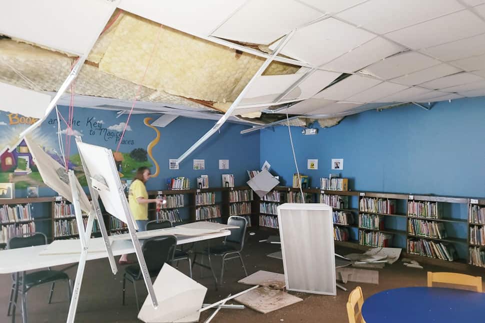 Post–Hurricane Ida ceiling damage in the Ponchatoula branch of Louisiana’s Tangipahoa Parish Library (Photo: Courtesy of Tangipahoa Parish Library staff)