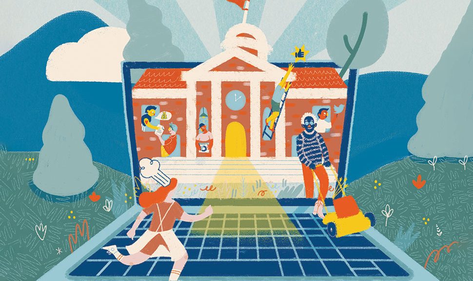 Illustration of a library building with small business owners (lawn care, baker, contractor) inside and outside (Illustration: Gaby FeBland)