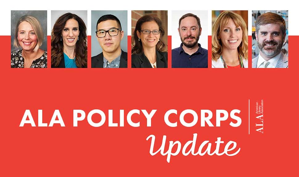 Headshots of seven members of ALA's Policy Corps from various years' cohorts on red background with "ALA Policy Corps Update" in white text