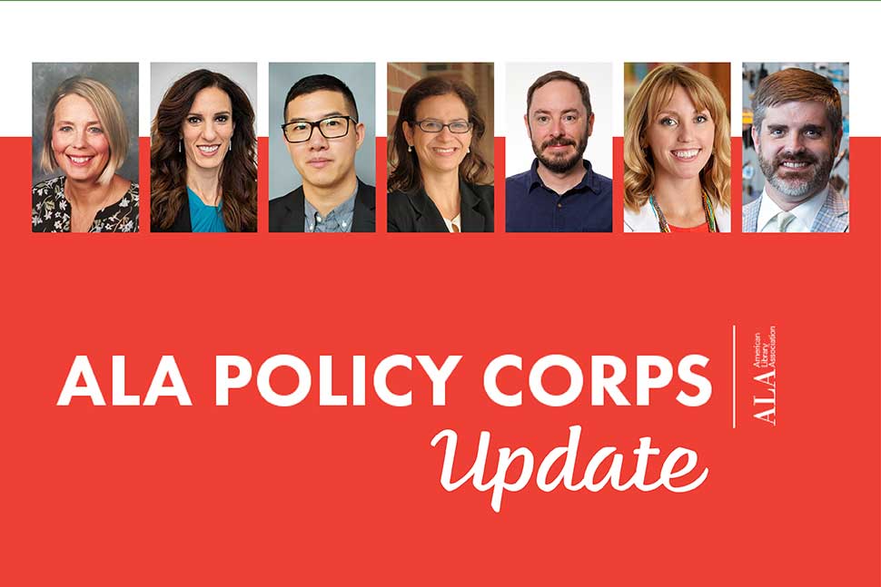 Headshots of seven members of ALA's Policy Corps from various years' cohorts on red background with "ALA Policy Corps Update" in white text