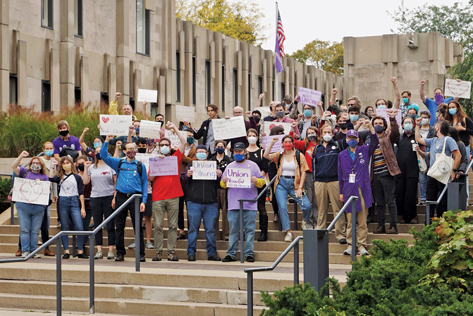 Northwestern library workers assemble on campus