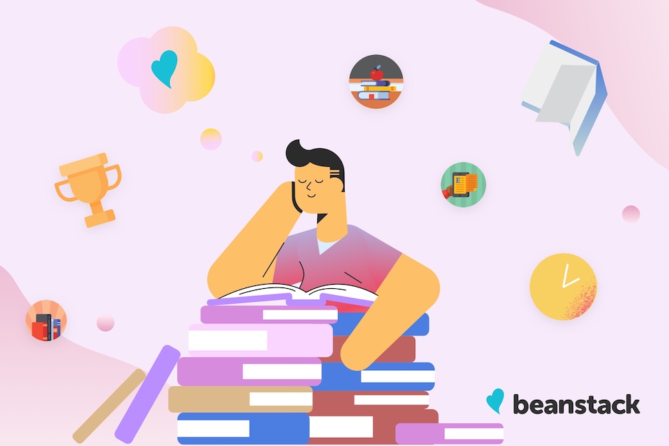 Figure with stack of books with Beanstack logo in bottom corner.