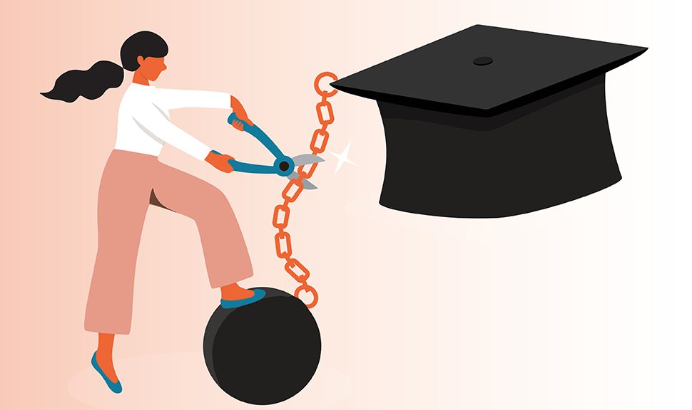 A cartoon image of a woman snips off a chain attaching her to a graduation cap, meant to symbolize student debt.
