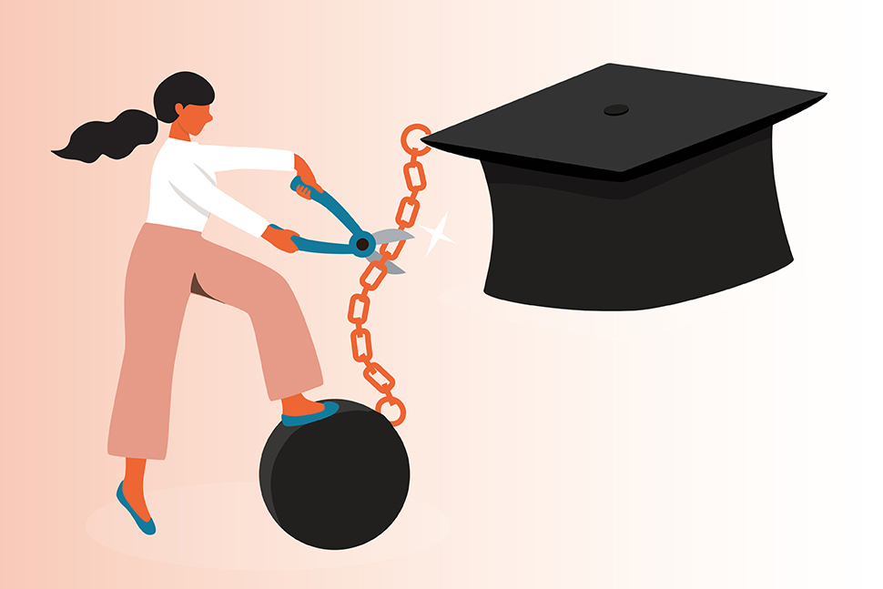 A cartoon image of a woman snips off a chain attaching her to a graduation cap, meant to symbolize student debt.