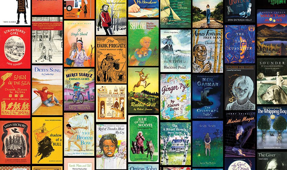 Image features the many books that have won the Newbery Medal over the last 100 years in a colorful, grid-like pattern.