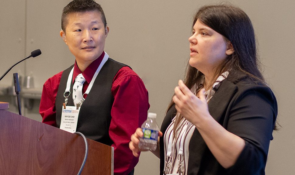 KayCee Choi (standing at left) and Alicia Deal (standing at right), librarians at Dallas Public Library, present at "Deaf Culture: A Strategy for Inclusive Deaf Community Engagement,” a June 26 session at ALA’s 2022 Annual Conference and Exhibition in Washington, D.C. Photo by Rebecca Lomax for American Libraries.