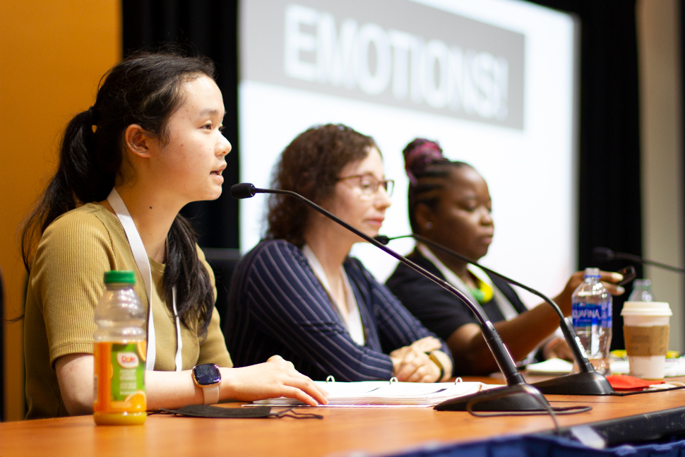 Catherine Tong (seated at left), Bridget Kowalczyk (seated center), and Tiffany Bradford-Oldham (seated at right) speak about the speech and debate program they run at San José (Calif.) Public Library at the American Library Association's 2022 Annual Conference and Exhibition in Washington, D.C., on June 25. Photo by Rebecca Lomax/American Libraries.