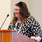 Photo of Nerissa Lindsey, head of content organization and management at San Diego State University, during a panel on gender and ethics in open knowledge platforms.