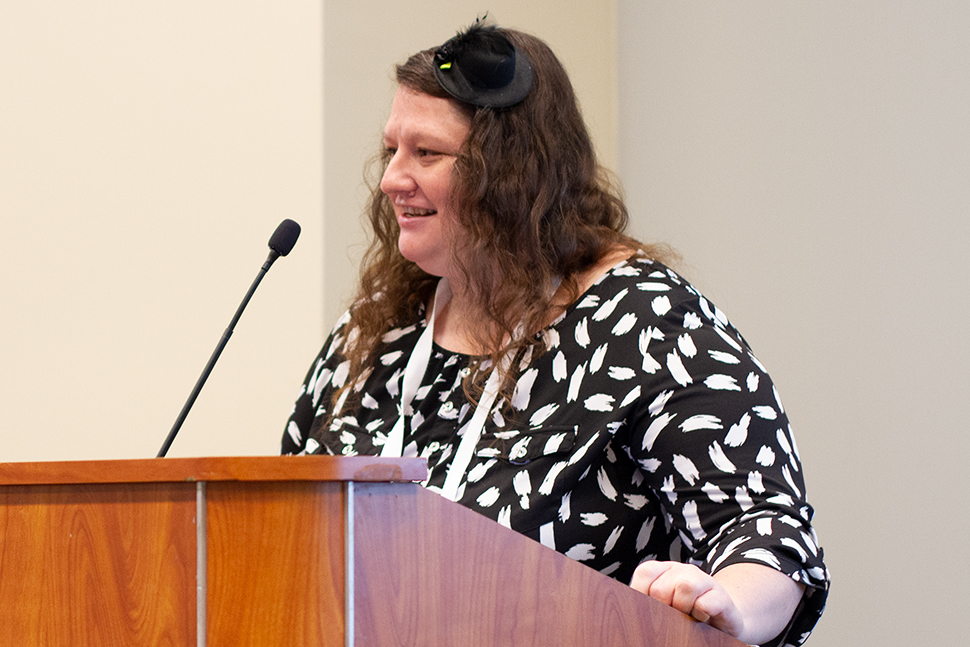 Photo of Nerissa Lindsey, head of content organization and management at San Diego State University, during a panel on gender and ethics in open knowledge platforms.