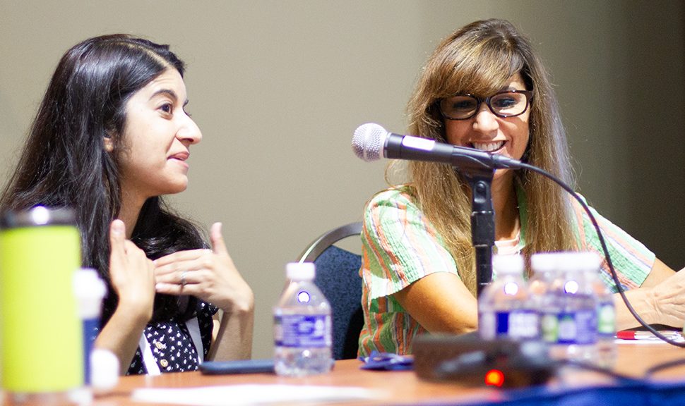 Authors Maya Prasad (left) and Susan Azim Boyer speak at “Engaging Historically Underrepresented Young Adult Readers,” a June 27 session at the American Library Association's 2022 Annual Exhibition and Conference in Washington, D.C. Photo: Rebecca Lomax/American Libraries