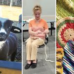 A sheep, a woman knitting, and knitted potholders