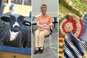 A sheep, a woman knitting, and knitted potholders