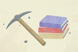 Illustration of a stack of books with a pickaxe