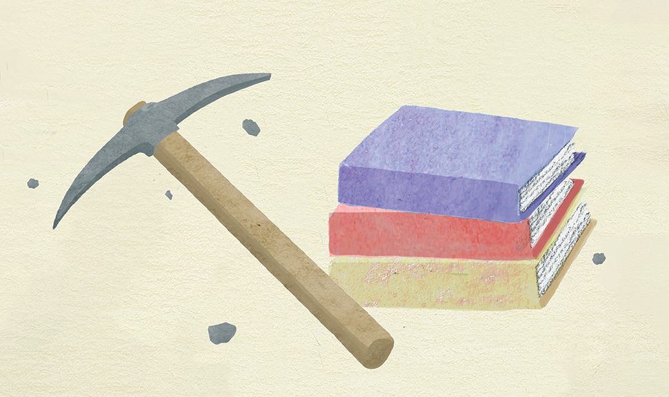 Illustration of a stack of books with a pickaxe