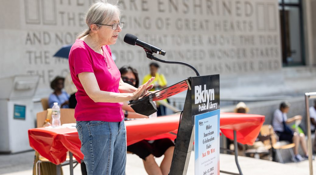 A member of Brooklyn Public Library's senior debate program participates in a debate hosted during the library's 2022 Older Americans Celebration Fair.
