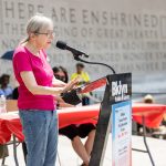A member of Brooklyn Public Library's senior debate program participates in a debate hosted during the library's 2022 Older Americans Celebration Fair.