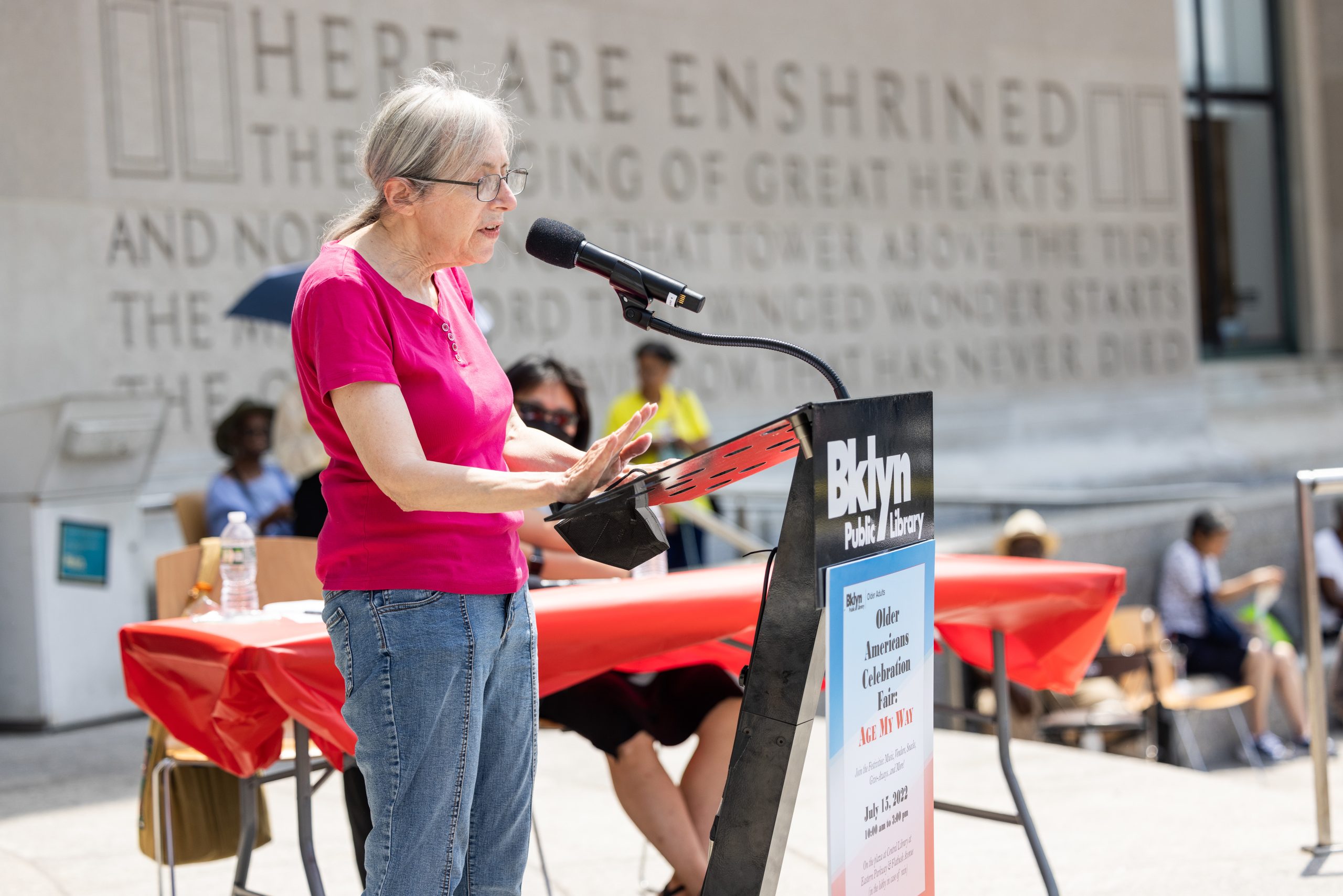 A member of Brooklyn Public Library's senior debate program participates in a debate hosted during the library's 2022 Older Americans Celebration Fair.