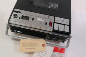 An image of a tape recorder used to tape conversations at the White House during the Nixon administration and now belongs to the Richard Nixon Presidential Library and Museum.