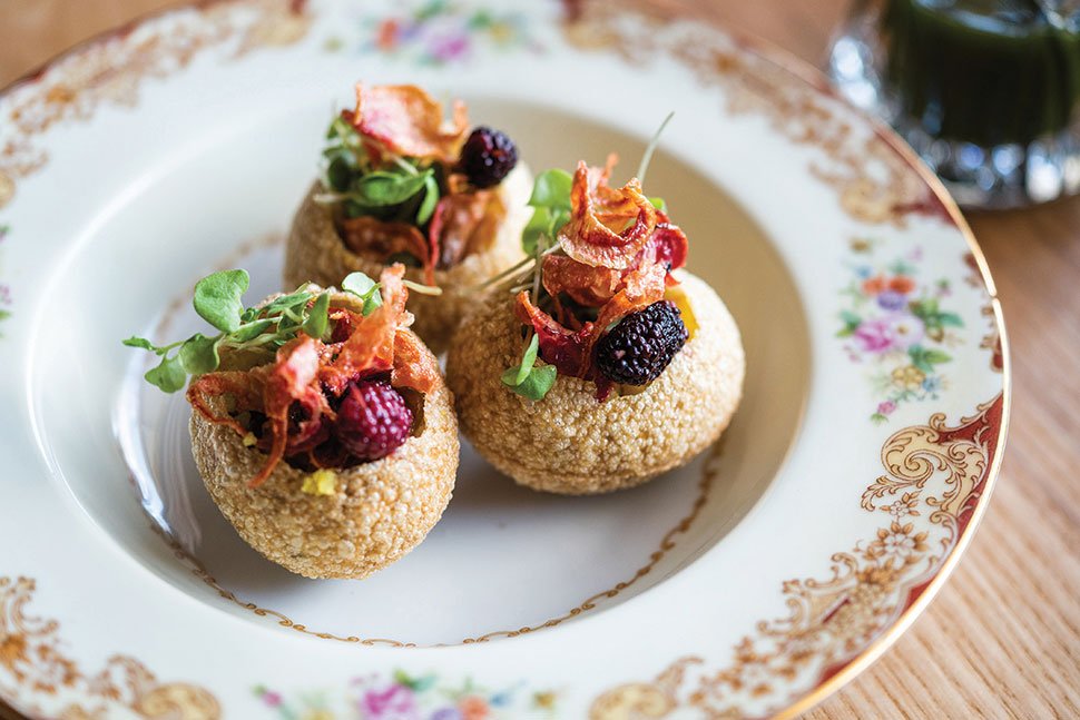 Pickled mulberry pani puri at Mister Mao