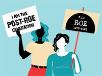 Illustration of people holding signs about Roe v. Wade