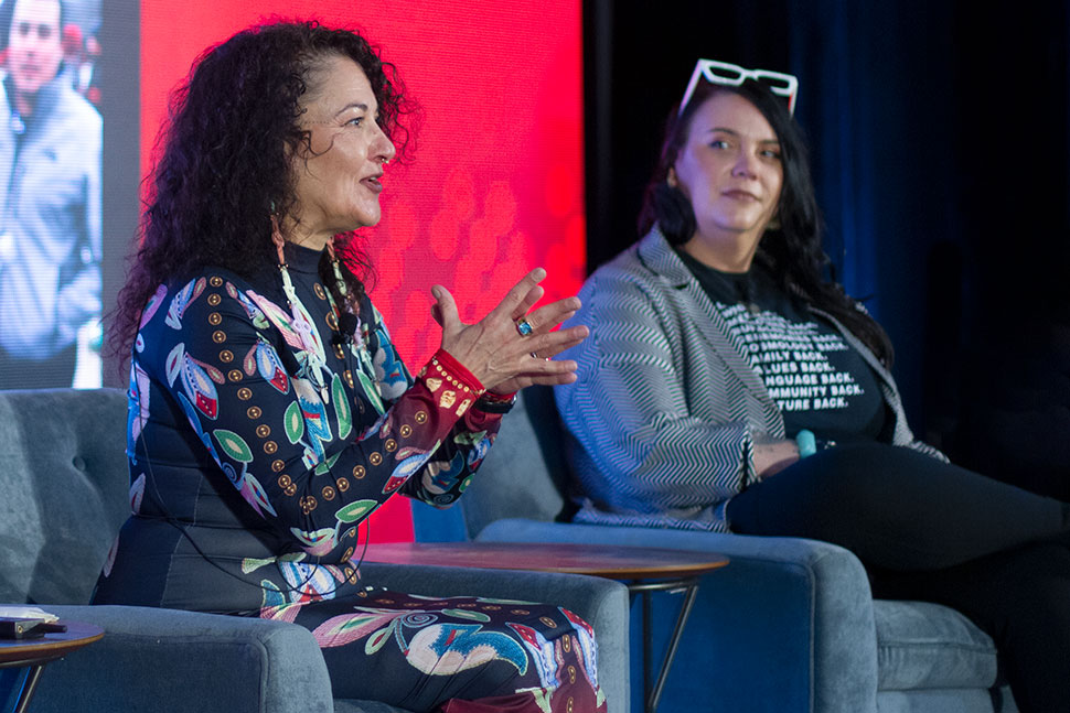 Author Carole Lindstrom (left) and illustration Steph Littlebird (right) discuss their new book My Powerful Hair at the American Library Association's 2023 LibLearnX conference in New Orleans on January 28.