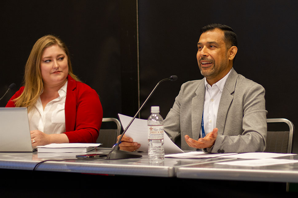 Amanda Vazquez (left), director at Dubuque County (Iowa) District Library, and Sukrit Goswami (right), director at Haverford Township (Pa.) Free Library, discuss how libraries can protect themselves from challenges at the American Library Association's 2023 LibLearnX conference in New Orleans on January 29.