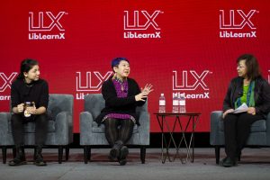 From left: Librarians Lesley Garrett, Candice Wing-yee Mack, and Elizabeth Martinez discuss organizing and activism at the American Library Association's 2023 LibLearnX conference in New Orleans on January 29.