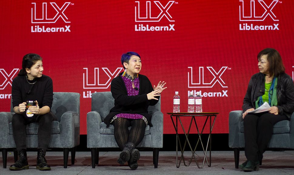 From left: Librarians Lesley Garrett, Candice Wing-yee Mack, and Elizabeth Martinez discuss organizing and activism at the American Library Association's 2023 LibLearnX conference in New Orleans on January 29.
