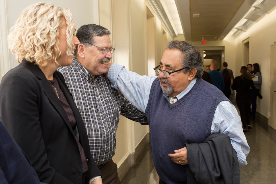 Erin MacFarlane, customer experience administrator for the Maricopa County (Ariz.) Library District (right) speaks with US Rep. Raúl Grijalva during ALA's 2023 fly-in at Capitol Hill.
