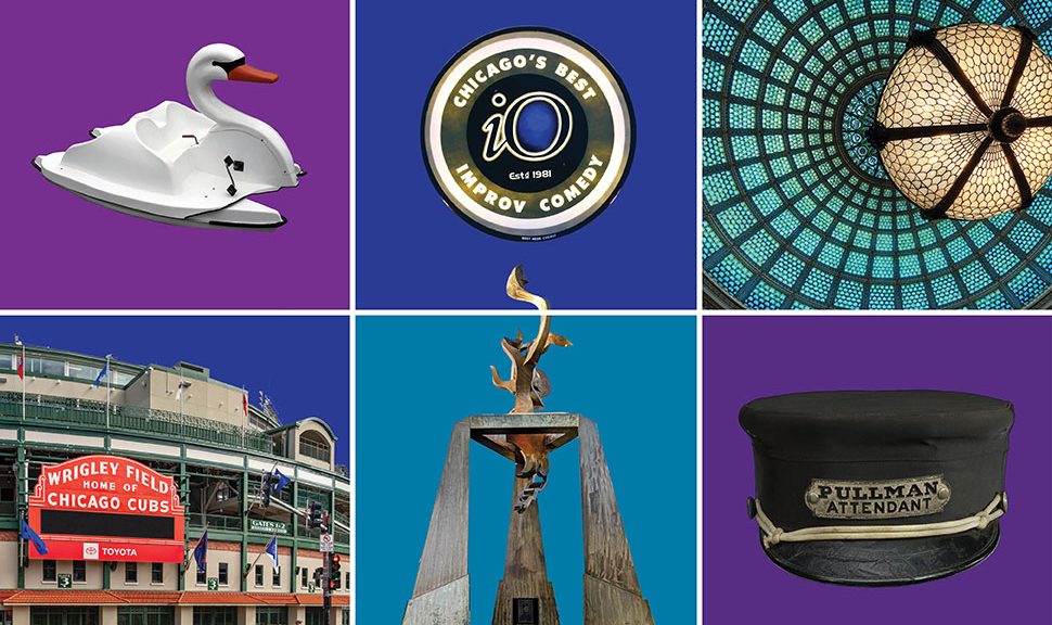 A collage of Chicago recommendations: A swan boad, the IO Theater logo, a dome in the Chicago Cultural Center, Wrigley Field, The Light of Truth: Ida B. Wells National Monument, and a Pullman Porter hat