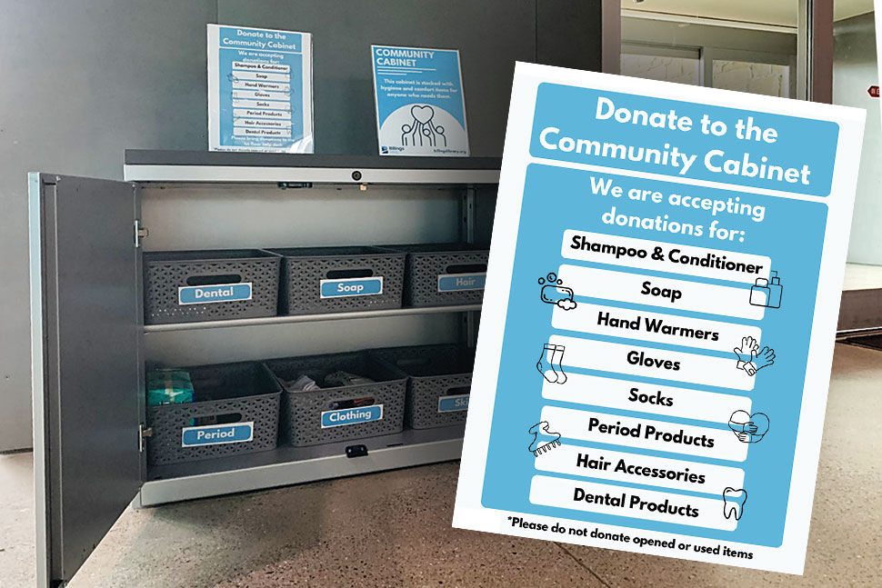 A photo of the Community Cabinet that Billings Public Library in Montana installed in its lobby in January. The cabinet contains hygiene products that patrons can take freely and discreetly. Photo by Billings Public Library.