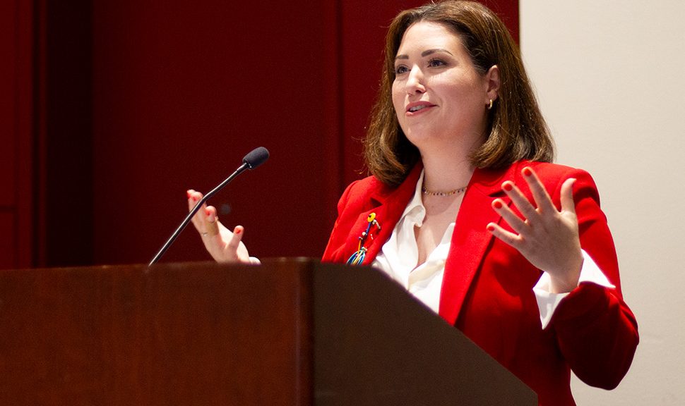 Attorney and social media influencer Emily Amick at “Fight Book Bans: Frame the Debate, Fill the Seats, and Create Connections,” a June 25 session at the American Library Association’s 2023 Annual Conference and Exhibition in Chicago.