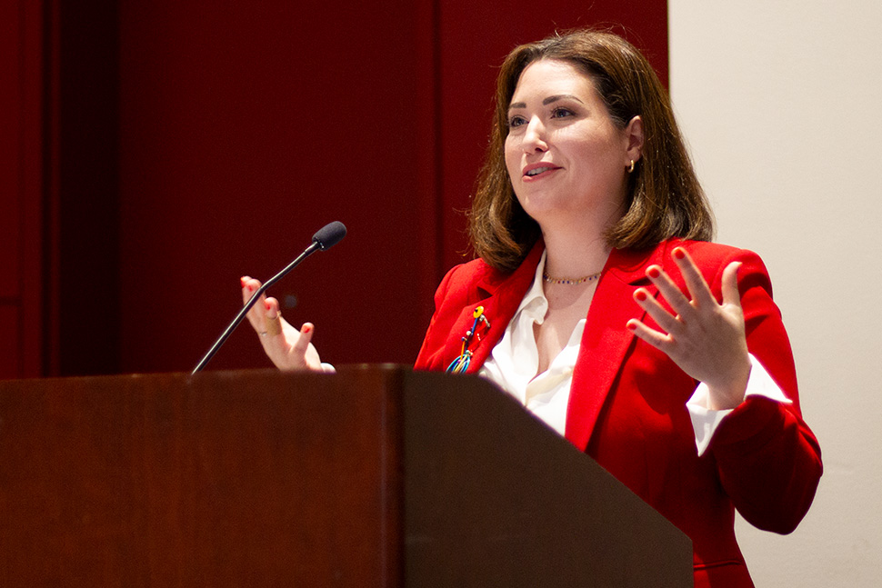 Attorney and social media influencer Emily Amick at “Fight Book Bans: Frame the Debate, Fill the Seats, and Create Connections,” a June 25 session at the American Library Association’s 2023 Annual Conference and Exhibition in Chicago.