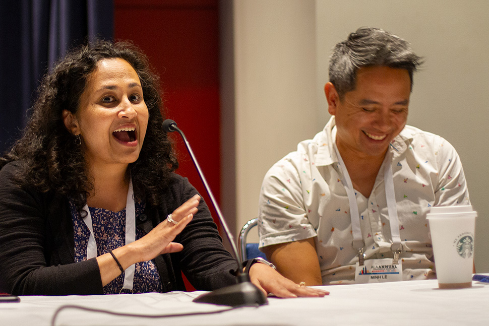 Authors Rajani LaRocca (left) and Minh Lê speak at the session “Share our Stories: Asian and Pacific Islander Literature for Children and Young Adults” during the American Library Association’s 2023 Annual Conference and Exhibition in Chicago on June 25.