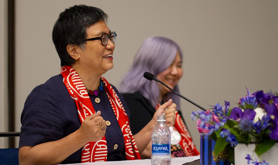 Author Linda Sue Park (left) and We Need Diverse Books CEO Ellen Oh speak at the ALSC President's Program at the American Library Association's 2023 Annual Conference and Exhibition in Chicago on June 26.